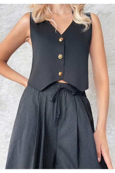fujya Vestă de damă, cu decolteu în V, elegantă, cu nasturi, neagră
