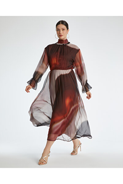 SERPİL Batik Desenli Uzun Kollu Vizon Şifon Elbise 36921