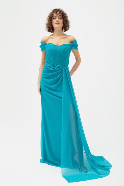 OFZE Women's Turquoise Underwire Corset Detailed Silvery Long Evening Dress