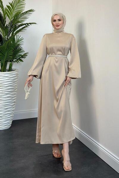 Şulemoda Giyim Μπεζ Σατέν Βραδινό Φόρεμα - Ζώνη Almina Pearl