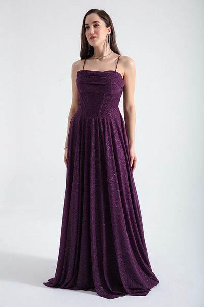 Lafaba Women's Plum Underwire Corset Glitter Long Evening Dress