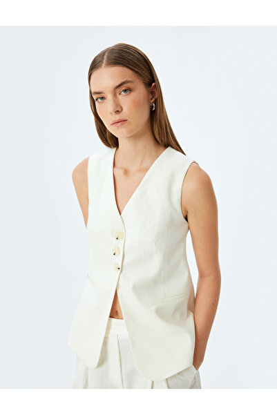 Koton Vestă lungă de in, cu nasturi, cu decolteu în V, căptușită