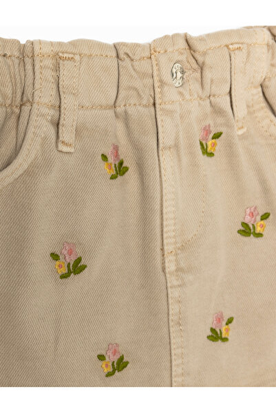 Koton Fusta din denim cu flori brodate cu buzunar detaliat din bumbac cu talie elastică