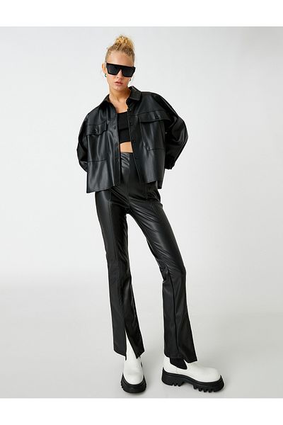Koton Leather Look Trousers with Flared Leg Slits