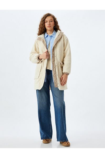 Koton Plush Coat Hooded Zippered Pocket Detailed Lined Snap Button