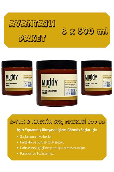 Muddy Nourishing and Repairing B-tox Keratin Hair Care Mask 500 ml x 3