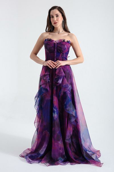 Lafaba Rochie de seară lungă din organza mov fără bretele