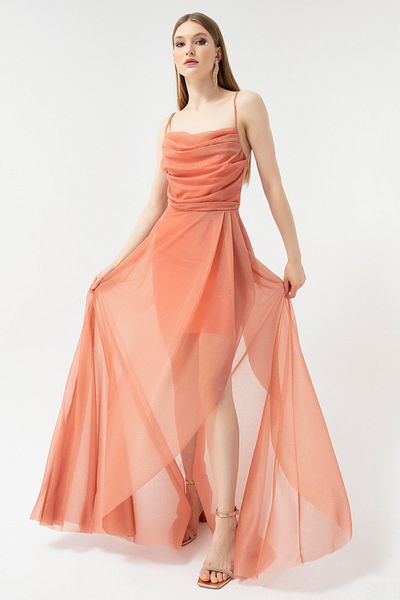Lafaba Damen-Abendkleid mit lachsfarbenem, drapiertem Volant und Glitzer auf der Brust