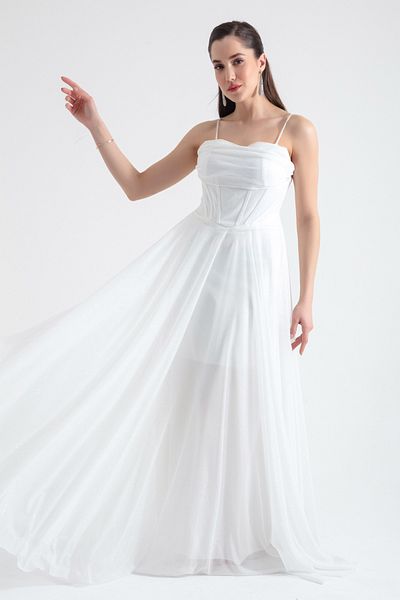 Lafaba Women's White Underwire Corseted Glitter Long Evening Dress