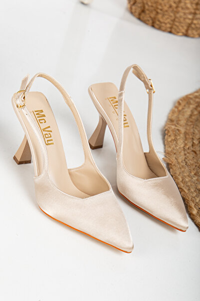 Mc vay Shoes Stiletto Gold Toka Detaylı Krem Saten Kadın Stiletto Ayakkabı