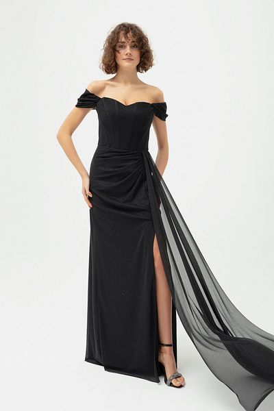Lafaba Schwarzes Damen-Abendkleid mit Bügelkorsett und detailliertem, silbernem, langem Abendkleid