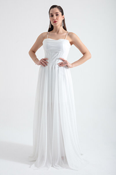 Lafaba Női fehér, aládrótozott fűzős csillogó estélyi ruha