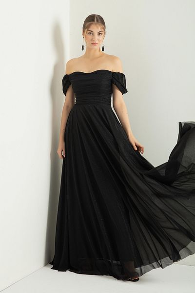 Lafaba Women's Black Boat Neck Draped Slit Long Glitter Evening Dress