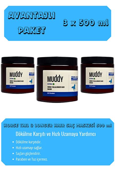 Muddy Anti-Hair Loss Horse Tail & Longer Hair Healthy Growing Hair Ponytail Mask 500 ml x 3