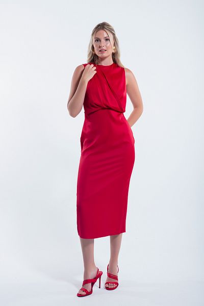 Lafaba Red Satin Midi Dress - Crew Neck