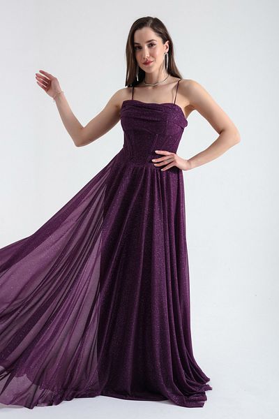 Lafaba Women's Plum Underwire Corset Glitter Long Evening Dress