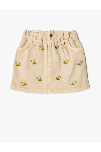Koton Cotton Denim Skirt - Floral Embroidered, Pocket Detail and Elastic Waist