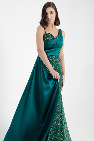 Lafaba Dámské smaragdově zelené dlouhé večerní šaty s tenkým popruhem a drahokamy