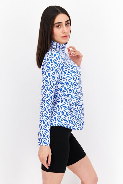 Gottex Women Sportswear Fit Allover Print Long Sleeve Training Top, Blue