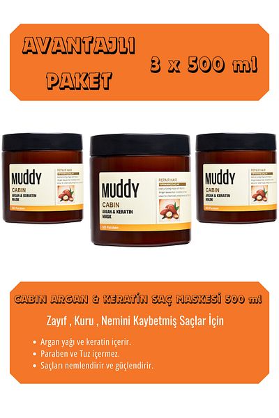 Muddy Cabin Argan and Keratin Mask Care Cream for Dry, Weak and Broken Hair 500 ml x 3