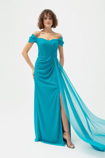 OFZE Women's Turquoise Underwire Corset Detailed Silvery Long Evening Dress