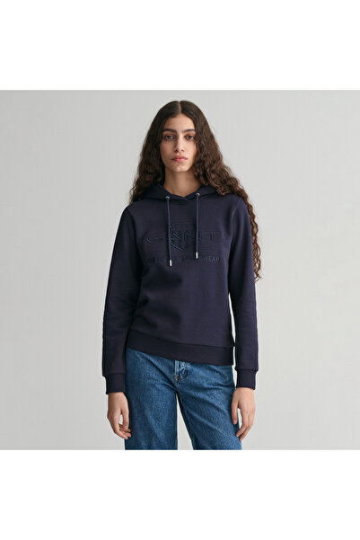 Gant Kadın Lacivert Regular Fit Kapüşonlu Logolu Sweatshirt