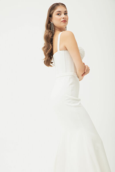 Lafaba Bílé dlouhé saténové večerní šaty - s kosticovým korzetem a rozparkem