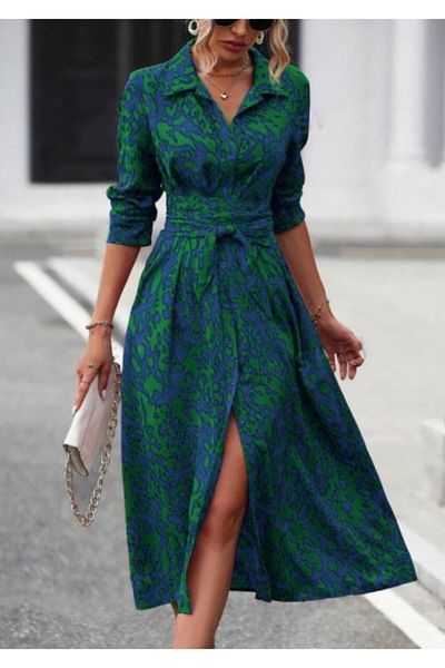 Viyamo Langärmliges Damenkleid aus Single-Jersey-Stoff mit Kragen, Knopfleiste vorne, Taillengürtel