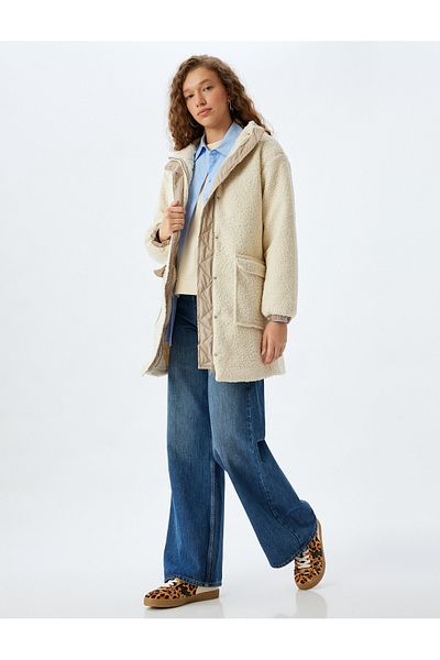 Koton Plush Coat Hooded Zippered Pocket Detailed Lined Snap Button