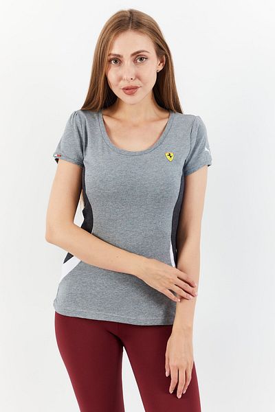 Puma x Ferrari Women Sportswear Fit Short Sleeve Brand Logo T Shirt, Grey Combo