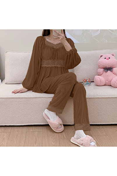 moda4b Σετ γυναικεία πιτζάμα σε σκούρο καφέ βελούδο - 90