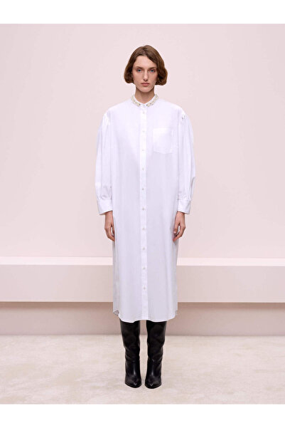 BAQA Yakası Taş Detaylı Beyaz Elbise