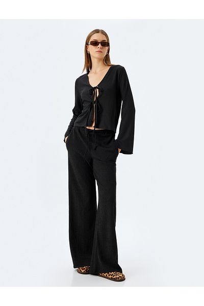Koton Textured Elastic Waist Wide Leg Trousers