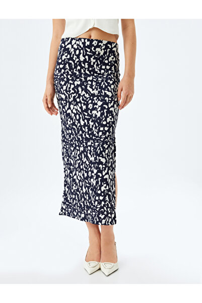 Koton Slim Fit Drape Detaylı Midi Boy Desenli Yırtmaçlı Etek
