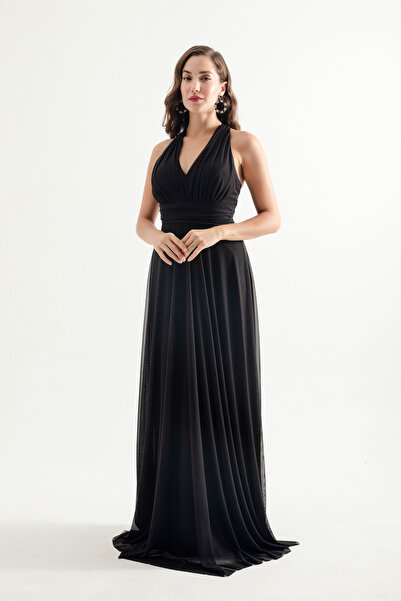 Lafaba Černé dlouhé dámské večerní šaty - ohlávka s výstřihem a bez zad