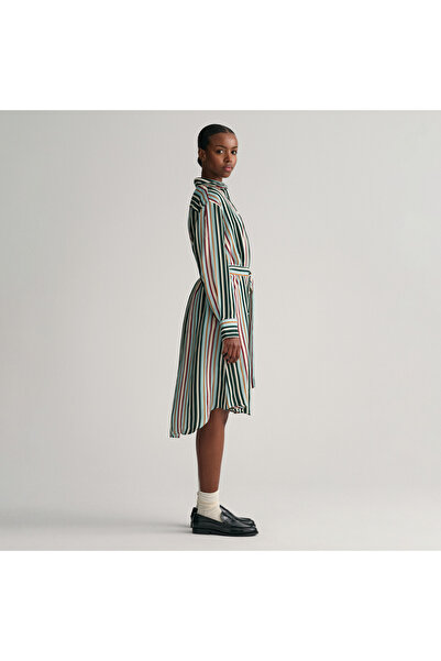 Gant Kadın Yeşil Regular Fit Klasik Yaka Çizgili Elbise