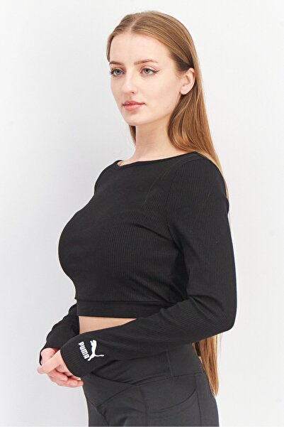 Puma Women Boat Neck Long Sleeve Textured Cut Out Crop Top, Black