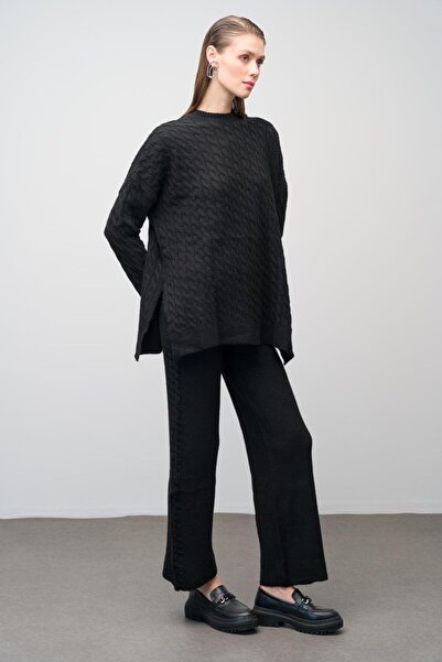 Olcay Black Double Knitwear Set - Hair Braid and Side Slits 9243-Tk