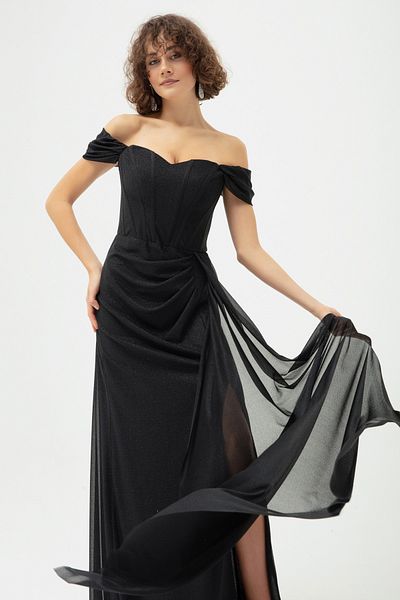 Lafaba Schwarzes Damen-Abendkleid mit Bügelkorsett und detailliertem, silbernem, langem Abendkleid