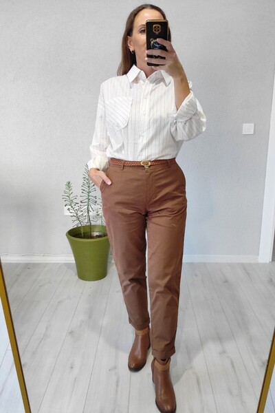 lady special Kadın Kanvas Kemerli Pantolon Kahverengi