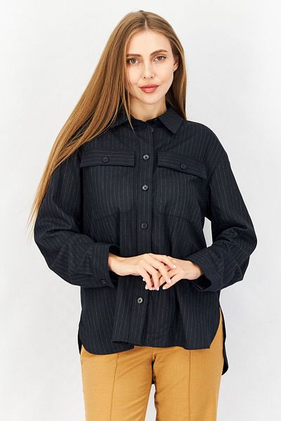 Esprit Women Spread Collar Long Sleeves Stripe Shirt, Navy Blue