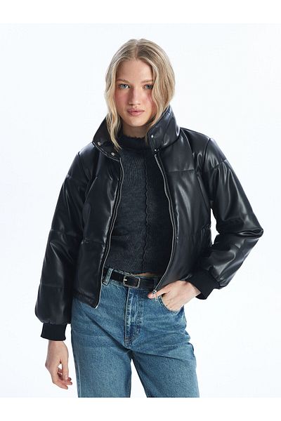 LC Waikiki Lcwk Stand Collar Plain Leather Look Women's Puffer Coat