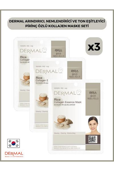 Dermal Rice Extract Purifying, Moisturizing and Tone Equalizing Collagen Mask - 23 Gr 3 Pieces