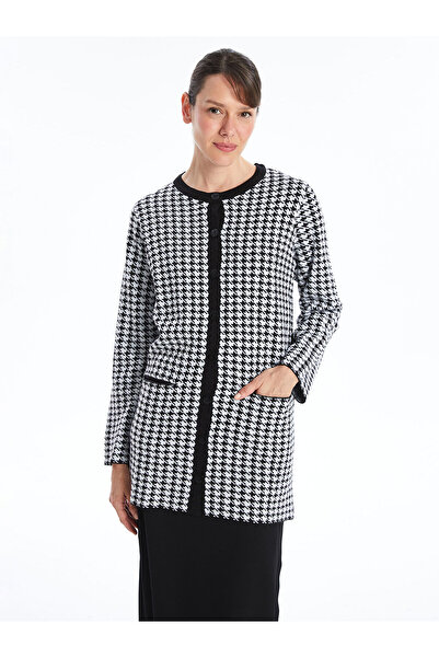 LC Waikiki Black Crew Neck Patterned Long Sleeve Women's Knitwear Cardigan