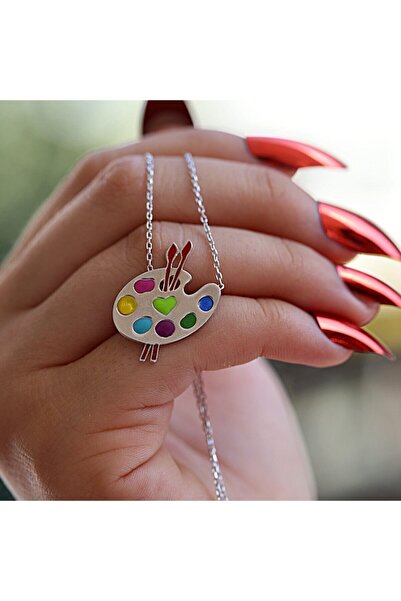 Takı Boom Mineli Tuval Gümüş Kolye, Resim Paleti Gümüş Kolye