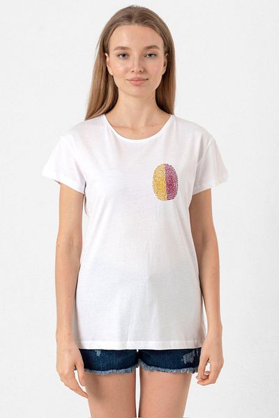 Tshirthane Yellow Red Fingerprint White Women's Bicycle Collar T-Shirt