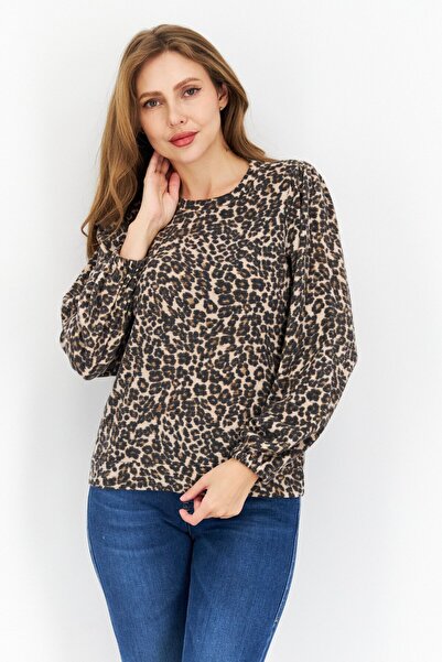 Riley & Rae Women Round Neck Animal Print Long Sleeve Top, Black