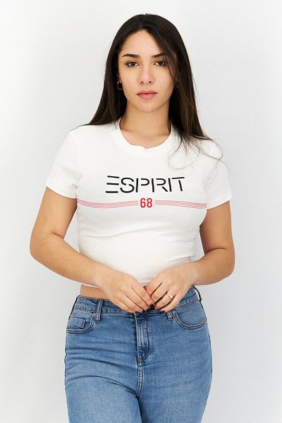 Esprit Women Crew Neck Short Sleeve Brand Logo Crop Top, White