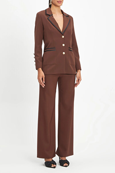 SERPİL Siyah Saten Detaylı Altın Düğmeli Kahve Takım 40377