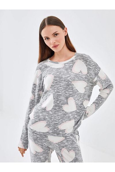 LC Waikiki Gray Melange Printed Crew Neck Patterned Women's Pajamas Set